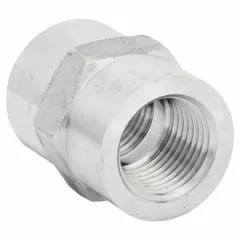 Steel hydraulic hose adapter with female NPTF threads on both ends, straight rigid body. Used to connect two female NPTF ports in hydraulic, lubrication, or pneumatic systems requiring leak-resistant connections.