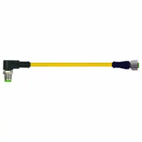 Double-ended cordset with M12 male straight and M12 female right-angle connectors. Features 4 pins, 22 AWG wire, and a yellow PVC jacket. Cable length is 1 m. Used for signal or power transmission in industrial automation and flexing applications