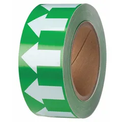 Green vinyl pipe marking tape with white legend, 2 inches wide on a 90-foot roll (1,080 inches total length). Non-reflective finish. Used for identifying pipe contents and indicating directional flow in industrial piping systems.