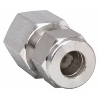 This double-ferrule stainless steel compression fitting adapter connects 12 mm OD tubing to a 1/2 in FNPT threaded port. The compression end uses a double-ferrule design to create a leak-tight seal on tubing, while the FNPT end provides a standard pipe thread connection. Suitable for use in industrial fluid systems requiring secure, leak-free connections