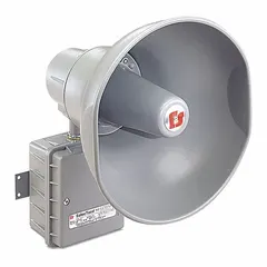 This tone alarm operates on 24V DC with a 30W output, suitable for indoor and outdoor use. The gray enclosure is designed for general industrial signaling applications such as factories, warehouses, and process plants.