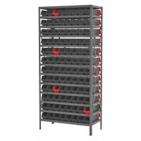Steel frame shelving unit with 96 open-front polymer bins in black and red. Each bin measures 4 in x 4-1/8 in x 17-7/8 in and includes indicator features for part identification. Suitable for organizing small parts and components in industrial storage areas