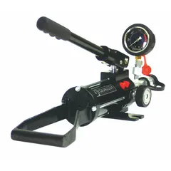 Two-stage hand pump for hydraulic fluids, compatible with single-acting cylinders. Steel construction with integral gauge. First stage delivers up to 197 psi. Used for portable hydraulic power in lifting, pressing, and tensioning applications.