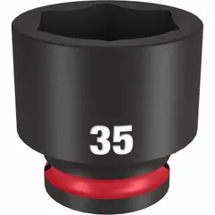 This 1/2" drive impact socket features a 35 mm metric size with a 6-point configuration for use with impact wrenches. Suitable for fastening and loosening bolts and nuts in automotive and industrial applications.