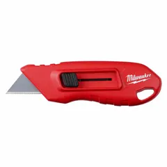 This retracting utility knife features a steel standard tip and a textured metal body in red. It is operated by a button mechanism for blade retraction. Typical applications include cutting drywall, cardboard, plastic strapping, and other sheet materials in construction, warehousing, and maintenance.
