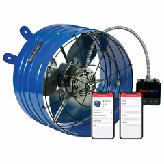 Gable-mount attic exhaust fan with permanent split capacitor motor, rated 120V AC, 1.9/0.65 A. Delivers up to 1,495 cfm maximum airflow for attics up to 3,000 sq ft. Includes thermostat and fire safety shutoff; designed for high-static-pressure applications. Accessory bag included.