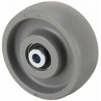 This elastomer tread wheel is designed for material handling equipment such as carts, dollies, and industrial trucks. With a 5-inch diameter and 2-inch width, it supports a load rating of 1,200 lb. Suitable for heavy-duty floor transport in warehouses and factories
