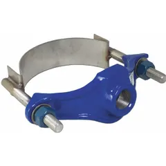 Ductile iron service saddle for 12 3/4 in – 13 1/4 in outside diameter pipe. Features a 3/4 in NPT outlet, stainless steel strap, bolts, and nuts, and an NBR gasket. Rated for maximum operating pressure of 200 psi. Used to provide a branch connection on water or wastewater mains without cutting the main pipe.
