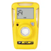 The HONEYWELL BW BW Clip BWC2-H515 is a single-gas detector for hydrogen sulfide (H2S). It features high alarm at 15 ppm and low alarm at 5 ppm. The unit has a yellow housing and is powered by a lithium battery. This personal safety device continuously monitors ambient air for H2S, alerting the wearer to hazardous concentrations