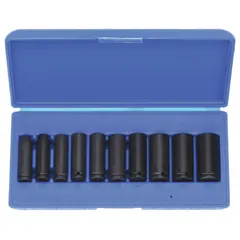 This 10-piece SAE impact socket set features a 3/8 in drive size. Sockets range from 5/16 in to 7/8 in. Designed for use with impact wrenches in automotive repair, heavy equipment maintenance, and industrial assembly.
