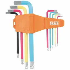9-piece metric hex key set with single ball-end, long-reach L-keys and 2 tips. Powder-coated finish for identification. Includes caddy for organized storage. Used for tightening and loosening metric hex socket screws in maintenance and assembly tasks.