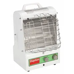Portable electric heater with selectable wattage output of 0.6kW, 0.9kW, or 1.5kW. Operates on 120V AC, single phase, with a NEMA 5-15P plug. Includes power indicator light and manual-reset thermal overheat protection. Suitable for supplemental heating in construction zones, workshops, and similar indoor spaces.