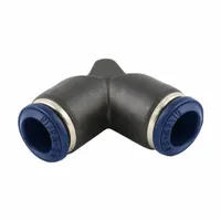 This push-to-connect fitting connects 3/8 in OD and 5/16 in OD tubing without tools. Constructed from nylon and nickel-plated brass, it is suitable for pneumatic and fluid-handling systems in automation, packaging, and material handling applications