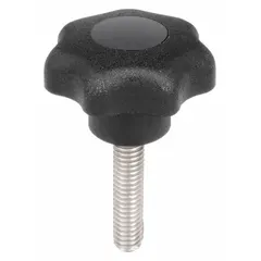 This 7-arm knob features a plastic body and a stainless steel #10-32 threaded stud with a 20 mm thread length and 25 mm diameter. The multi-point design enables hand tightening without tools, suitable for clamping, adjusting, and positioning tasks in jigs, fixtures, and industrial equipment.