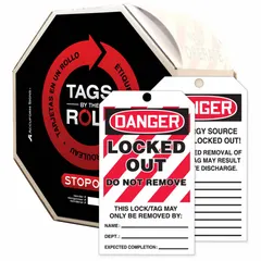 Polyolefin tag with 'Danger: Locked Out Device' legend in English. Includes writable fields for notes, date, and signature. Used to identify equipment under lockout/tagout during maintenance.