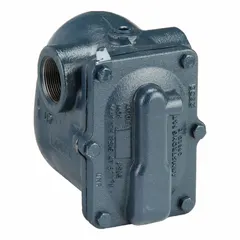 Cast iron C-pattern float and thermostatic steam trap with 1 1/2 in FNPT connection. Maximum capacity of 3,100 lb/hr at 15 psi and 377°F. Stainless steel float. For horizontal installation in low-pressure steam systems to drain condensate while preventing steam loss.