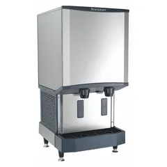 This combination ice machine and dispenser produces 500 lb of nugget ice per day. Water-cooled condenser and infrared sensor enable touchless dispensing. Suitable for commercial kitchens, break rooms, and healthcare facilities requiring self-serve ice and chilled water.