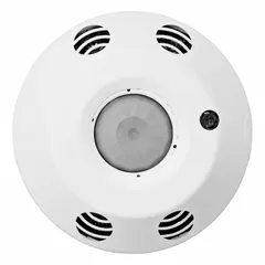 Ceiling-mount occupancy sensor combining Passive Infrared (PIR) and Ultrasonic detection for automatic lighting control. Operates at 120 to 277V AC and supports wireless connectivity. Rated for 8A loads including LED/Electronic Ballast, 800W/VA, Tungsten, Ballast, and 1/4 HP Motor. Configurable for occupancy or vacancy mode.