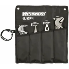 This general purpose assorted pliers set includes 4 pliers with standard cushion grips for manual gripping, turning, and cutting tasks. The set features an 8 in needle nose plier and a tongue and groove plier, with a pliers range of 2 to 5. It comes with a pouch for storage and organization, suitable for maintenance, repair, and assembly work.