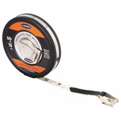 Manual closed-reel long tape measure with a 50 ft / 15 m fiberglass blade. Double-sided graduations in 1/100 ft and 2 mm for metric and imperial measurements. Features a nonmagnetic double hook and stainless steel hook end. Suitable for distance measurement in construction, surveying, and engineering tasks.
