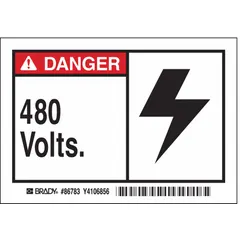 Adhesive-mounted polyester sign warning of 480-volt electrical hazard. Nominal size 3 1/2 in x 5 in, 0.01 in thick. Not retroreflective, not glow-in-the-dark, no anti-slip surface. Suitable for marking equipment, panels, or areas with high voltage.