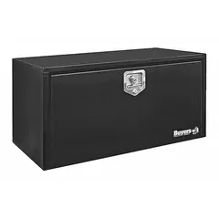 This single drop-down door box is constructed from black steel and features a keyed lock for secure storage. It is designed for underbody mounting on trucks, providing weather-resistant storage for tools and equipment during transport.
