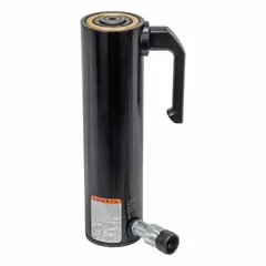 Single-acting hydraulic ram with 30-ton nominal capacity and 10-inch nominal stroke. Aluminum construction reduces weight for portability. Used for lifting, pressing, and clamping in industrial maintenance and manufacturing applications.