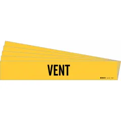 Yellow adhesive pipe marker with black 'Vent' legend, designed for pipes with outer diameters from 2-1/2 to 7-7/8 inches. Each pack contains 5 markers without directional arrows, suitable for identifying vent lines in industrial piping systems.