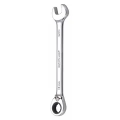 Alloy steel construction with a chrome finish. Features a 13 mm 12-point ratcheting box end and offset design for access in confined spaces. Overall length of 7 inches. Suitable for tightening and loosening fasteners in mechanical assembly and maintenance tasks.