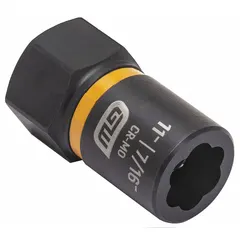 3/8" drive bolt extraction impact socket with 7/16 in socket size and 7-point design for removing damaged or rounded-off fasteners. Black oxide finish provides corrosion resistance. Standard drive type. Not tether capable. For use with impact wrenches in automotive and industrial applications.