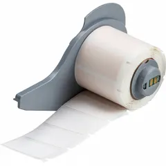 Precut label roll cartridge for wire and cable identification. Each cartridge contains 250 polyimide labels with white matte finish, sized 3/4 in x 1 1/2 in. Compatible with M710 printer series; requires M7-R6200 ribbon.