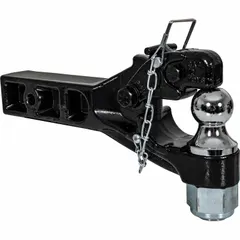 This receiver-mount combination hitch integrates a pintle hook and a 2 in ball mount for towing trailers or equipment. Constructed from steel with a powder-coated finish, it features a 2-1/2 in shank diameter and is rated for Class 5 vehicles with a 3,600 lb gross vehicle weight capacity.