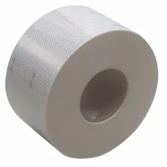 White reflective tape with acrylic adhesive, 4 inches wide by 50 yards long. Designed for use on agriculture vehicles to enhance visibility in low-light conditions. The tape bonds to vehicle surfaces and helps meet safety requirements for farm machinery.