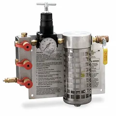 Wall-mount filter and regulator panel for supplied-air respirator systems. Conditions compressed air to a maximum 105 psi and 50 cfm flow. Includes three Industrial Interchange Quick Connect outlet fittings for connecting up to three users.