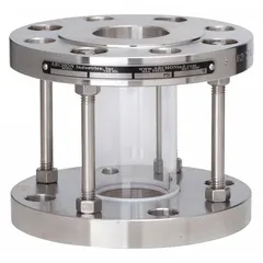 This full-view flow indicator is constructed from Type 316 stainless steel with a borosilicate window and PTFE seal. It is rated for a maximum operating pressure of 150 psi, mounts vertically, and allows flow in any direction. Used to visually verify fluid movement in industrial piping systems.