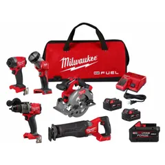 This 18 V DC cordless tool combination kit includes five tools and one M18™ battery (model 48-11-1881). The kit features a reciprocating saw (model 3697-25) for cutting wood, metal, and plastic. Powered by the M18™ platform, the tools are suitable for cutting, drilling, fastening, and demolition tasks on job sites and in workshops.