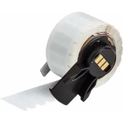 Precut label roll for use with BMP61 printer series. Each label measures 21/32 in x 13/64 in and is made of polyester with a white gloss finish. Suitable for wire marking, component labeling, and asset tracking in industrial environments.