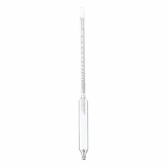 This plain-form alcoholometer measures alcohol content with a dual range of 0/100% and 0/200 PRF. Scale divisions are 1.0% for percentage and 1.0%/2 for proof. Used for determining alcohol concentration in liquids in laboratory and industrial settings.