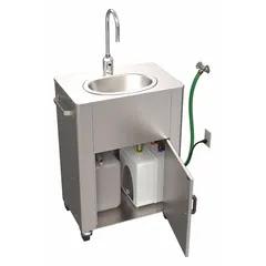 Portable hand sink with sensor-activated faucet and integrated water heater. Flow rate 0.5 gpm. Suitable for temporary handwashing stations at construction sites, outdoor events, or emergency response locations where permanent plumbing is not available.