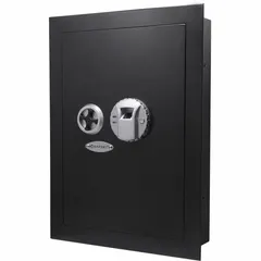 Wall-recessed security safe with 0.52 cu ft capacity, constructed from steel. Measures 20 3/4 in H x 15 3/8 in W x 3 3/4 in D. Features 2 dead locking bolts for secure storage. Suitable for discreet placement within a wall cavity to store valuables, documents, and small items.
