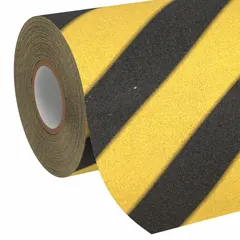 Pressure-sensitive antislip tape in continuous roll form, 12 inches wide by 60 feet long, with a striped black/yellow pattern for high visibility. Features a coarse 60-grit mineral surface bonded to a 36-mil thick film, suitable for indoor and outdoor medium-traffic areas. Meets ANSI specifications and offers chemical resistance. Commonly applied on floors, ramps, and walkways to reduce slip hazards.