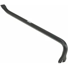 This 12-inch wrecking bar features a gooseneck end angle and a chisel/claw end for prying and demolition tasks. It includes one nail slot for pulling nails. Suitable for construction and maintenance applications requiring leverage to remove boards, nails, and fixtures.