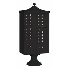 Horizontal multi-unit mailbox with 18 lockable front-access doors. Measures 71 3/4 in H x 31 in W x 18 1/2 in D. Designed for pedestal mounting in centralized mail delivery applications for multi-tenant residential or commercial settings.