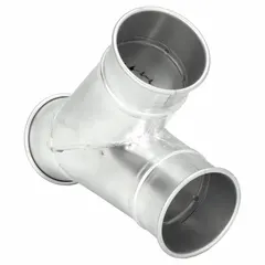 Steel wye branch fitting for 4 in diameter ductwork. Features a 60° branch angle and 8 in overall length. Used in ventilation and material handling systems to split or combine airflow.