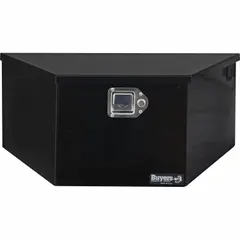 Steel A-frame trailer tongue box in gloss black finish. Overall width 31 in, overall depth 17 3/4 in. Equipped with a paddle handle latch and keyed cam lock for secure storage of tools and equipment on trailer tongues.