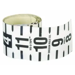 This height-measuring adhesive tape measure features inch fractional markings for bottom-to-top application. The 2-inch-wide black tape is suitable for permanent mounting on walls or door frames to measure height in feet and fractional inches.