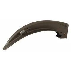 Disposable MacIntosh laryngoscope blade, size 4, made of stainless steel with a silver finish. Includes a standard LED bulb for illumination. Overall length 6 3/8 in, width 7/8 in. Used for airway management during intubation procedures.