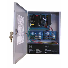 This power supply board with steel enclosure converts 115V AC input to 24VDC at 10A, distributed across 16 fused outputs. It provides centralized power distribution for access control systems, security panels, and other low-voltage equipment requiring protected output circuits.