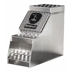 Aluminum step truck box with silver diamond-plate finish. Features a keyed lock and T-handle compression latch. Overall depth 28 in, height 24 in. Mounts on service trucks for secure tool storage; drop-down door serves as a step for bed access.