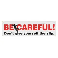 This poly sheeting banner is printed on one side with a slip hazard warning. Suitable for indoor or outdoor use, it measures 28 inches by 96 inches and does not include wind slits. Commonly used to alert personnel to wet floors or debris in industrial and commercial areas.